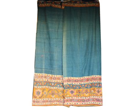 A set of 3 heavy tapestry style wool Curtains, each with iron red blue and yellow lower borders, 431cms x 327cms  (14' 2" dro