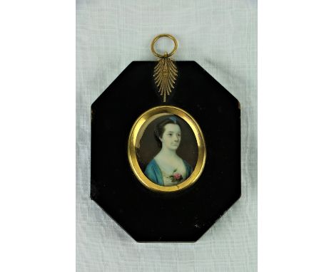 18th Century Irish SchoolMiniature: "Portrait of Young Lady with blue feather hair piece, low cut dress and blue coat, with r