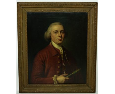 18th Century Irish School"Portrait of a Gentleman, half length in a burgundy coat and waistcoat with a telescope in his right