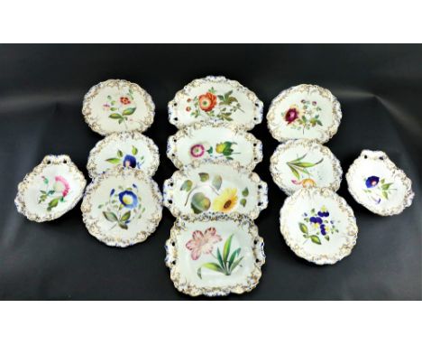A 12 piece Dessert Service, with shaped borders high lighted in gilt and blue with floral painted centre by Thomas Grainger &