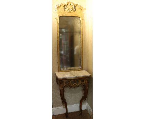 A fine quality Irish Georgian period giltwood Console Mirror, with decorated cornice swan neck design and central shell, with