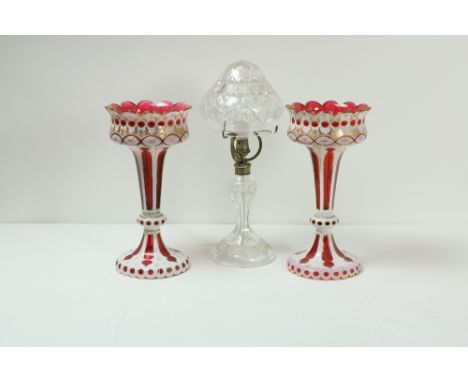 An attractive pair of tall Victorian white overlaid crimson glass Vases, approx. 33cms (13") tall; and a cutglass Table Lamp 