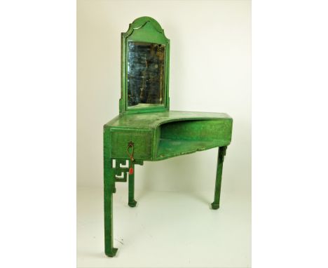 A 19th Century Chinese green painted Dressing Table, with swivel mirror, shaped shelf with trestle corners on square shaped l