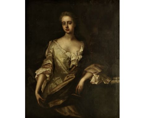 In the Manner of Sir Peter Lely (1618 - 1680) "Portrait of an Elegant Young Woman in low cut white Dress seated by a Table," 