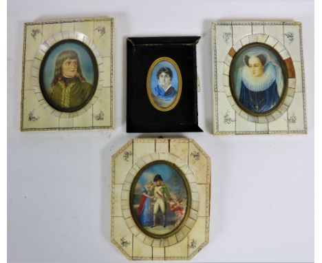 A set of 3 French Portrait Miniatures, one depicting Napoleon with two ladies on a balcony another of a Medieval Queen and an