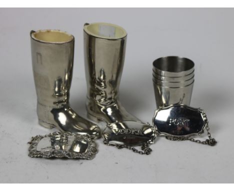 Silver &amp; Plateware: A collection to include three silver Drink Labels (Vodka, Port, Courvoisier), four whiskey plated Mea
