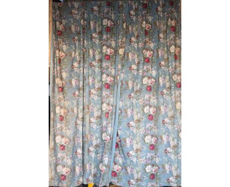 A pair of blue ground Curtains, decorated with colourful flowers and birds, 335cms x 254cms  (11' drop x 8' 4" - 132" x 100")
