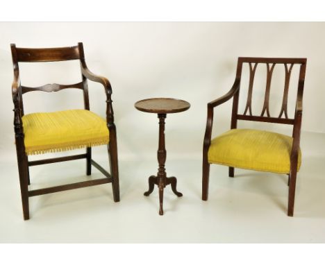 A 19th Century Irish mahogany Carver, the plain back with down swept arms and with soft seat on front square tapering legs; a