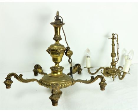 A heavy five branch brass Ceiling Light, with urn stem and cherubs, 21" (54cms)h; and another modern three branch ditto. (2)