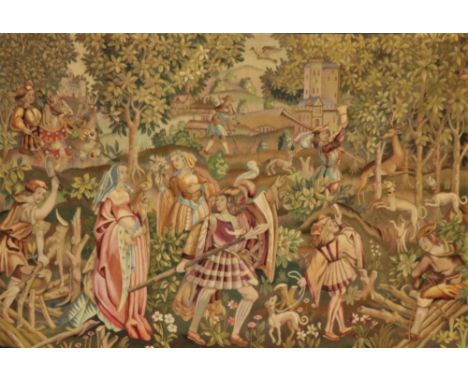 A very fine 19th Century Aubusson Tapestry, depicting a Medieval Hunting Party with numerous figures, some on horseback, nume