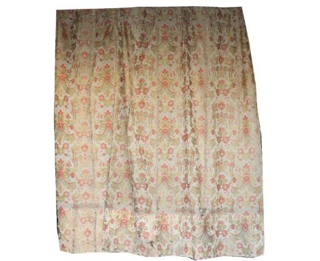 A pair of good quality tapestry Curtains, with colourful flowers and scrolls in red and gold on beige ground, 317.5cms x 223.