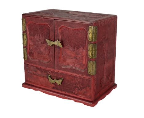 A 19th Century fine quality Chinese cinnabar Table Cabinet, the front with two recessed landscape panel doors over a frieze d