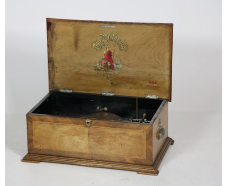 A 19th Century inlaid walnut cased rectangular Polyphon "The Britania" with a handle and one steel disk, the inside cover sta