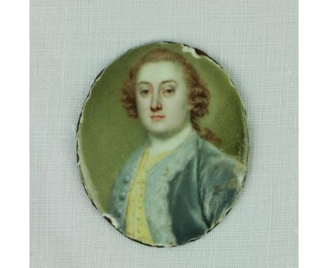 18th Century Irish SchoolMiniature: "Portrait of Albert Blest, Sligo," enamel, depicting Gentleman with curly wig, yellow wai