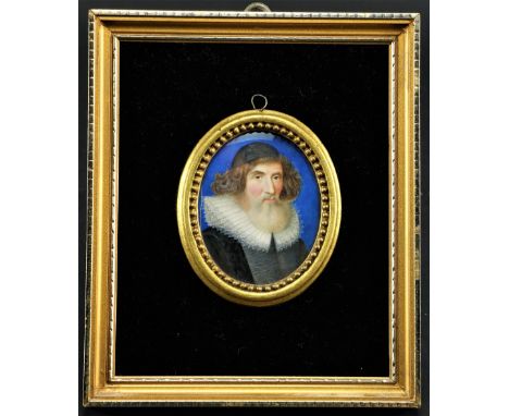 An early oval Portrait Miniature, "A 17th Century Gentleman, with ruff collar and long grey beard and Cap," probably Inigo Jo