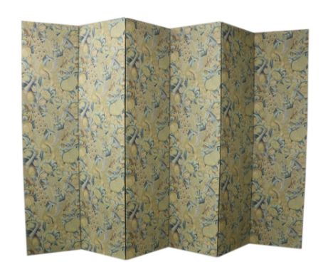An important large six fold wooden framed William Morris tapestry Screen, with "peacock and pumpkin" cream ground and blue co