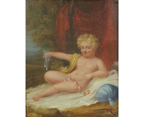 19th Century Continental School"Cupid Resting in a Classical Landscape," O.O.P., depicting a nude, cherub with floral drape, 