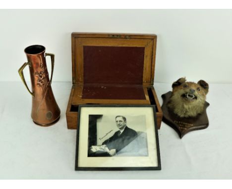 A signed Portrait Photograph "Eamon de Valera," an Arts & Crafts copper and brass mounted Vase, an oak Lap Desk, a stuffed an