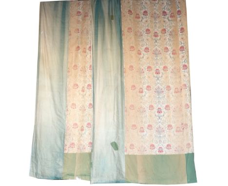 An attractive pair of lined and inter-lined Curtains, in the Medieval style with foliage and colourful flowers, on ivory grou