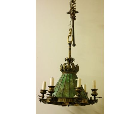 An unusual fine quality Art Deco pierced brass and stained glass 6 branch wig-wam style Ceiling Light, approx. 76cms (30"). (