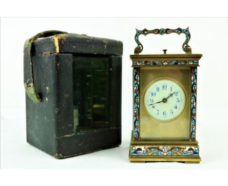 A 19th Century French gilt brass cloisónne or champlevé decorated "Repeater" Carriage Clock, the top with exposed escapement 