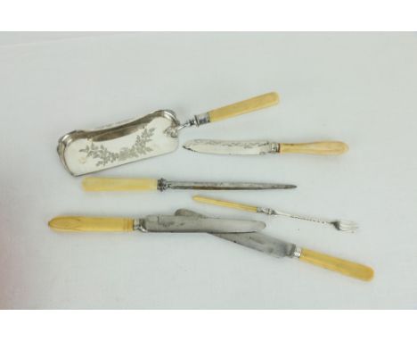 A set of 18 crested bone handled Dinner Knives, 23 other similar knives, a plated crumb tray, a carving fork, pickle fork, an