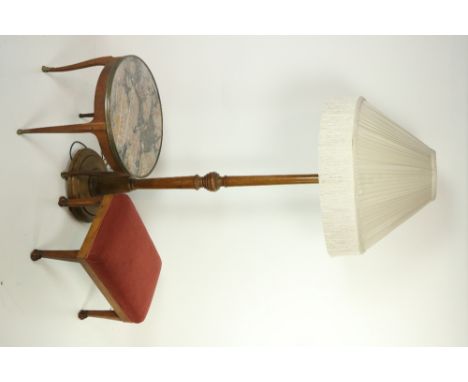 A wooden Lamp Standard, with cream silk shade; together with a marble top Occasional Table, with brass rim on cabriole legs; 