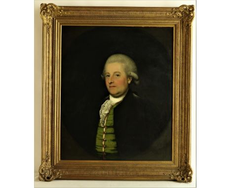 In the Manner of Gilbert Stuart (1755 - 1828) "Portrait of a Gentleman with grey wig, black velvet overcoat and green and yel