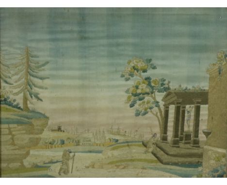 A large 19th Century Needlework Tapestry, depicting a Temple Shrine to Jesus Christ with figure at worship, in an extensive l