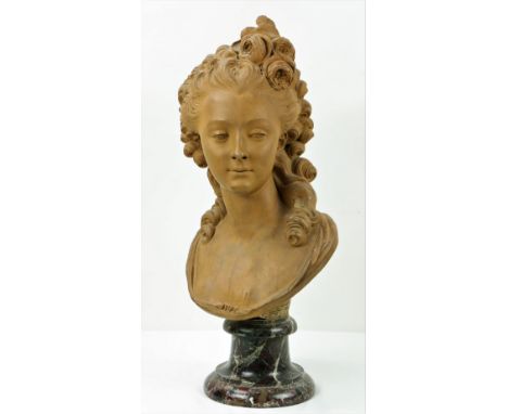 Jean Jacques Caffieri, French  (1725 - 1792)"Portrait Marie Anne de Cupis de Camargo," terracotta Bust on speckled marble soc