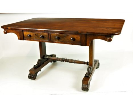 A good quality William IV rosewood Irish Sofa Table, the finely figured top over a frieze with two drawers stamped "Williams 