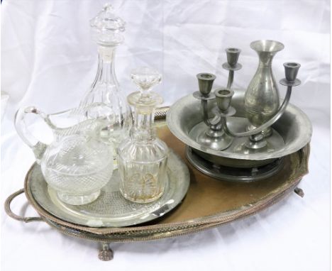 Silver Plateware &amp; Glassware: to include a large pierced Serving Tray, pair of pewter Candlesticks, two glass Decanters a