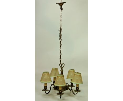 A 19th Century brass S branch Ceiling Light, decorated in the Adams taste with rams head and scroll arms, approx. 38cms (15")