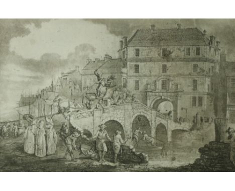 18th Century IrishCo. Cork: A rare early Engraving, "South Gate Bridge, Cork City," 23cms x 34cms (9" x 13 1/2) with gilt and