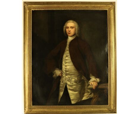 In the Manner of Stephen Slaughter, London (1697 - 1765)"Portrait of Gentleman in grey Wig, with grey waistcoat, brown long c