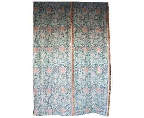 A fine pair of William Morris pattern pomegranate Curtains in green, red, dark blue and black, 343cms x 122cms  (11' 3" x 4' 
