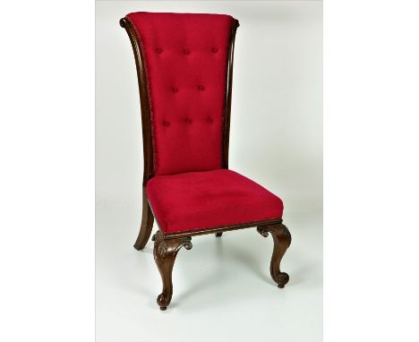 A Victorian carved rosewood Pre-dieu, covered in deep button red fabric on front carved cabriole legs. (1)