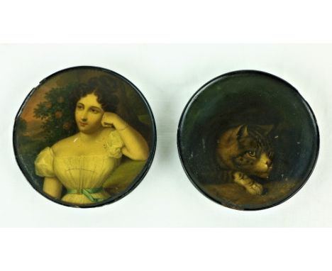 S. RaieuCircular painted papier mache Box, the lid with a painting of a cat, "Tom" by S. Raieu, who was patronized by H.R.H. 