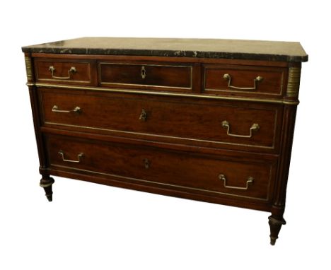 An attractive 19th Century mahogany Commode, with shaped speckled marble top over three short and two long drawers with  bras
