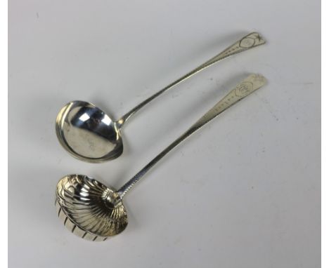 A very good large early Irish silver Soup Ladle, with engraved bright cut handle, and shell bowl, c. 1780, possibly by John P