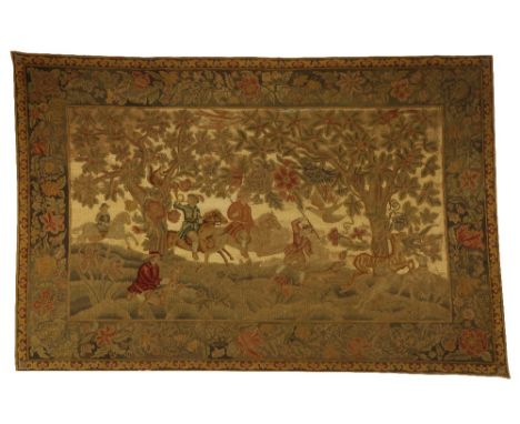 A superb 19th Century Aubusson Tapestry, representing a Medieval Stag Hunt, in vivid colours with figures on the ground and o