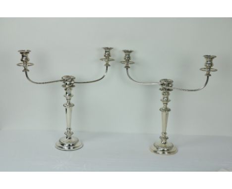 A very good pair of two branch, three light silver plated Candelabra, with gadroon rims etc., 45.5cms (18") high. (2)