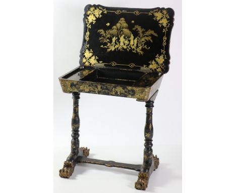 A 19th Century Chinese lacquered Ladies Work Table, with lift top on turned pillar uprights, highlighted in gilt, depicting v