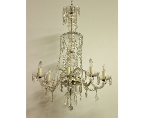 A three tier crystal 6 branch Ceiling Light, with multiple glass chains and drops, approx. 100cms (39") high. (1)N.B. This li