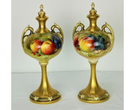 A very fine pair of Royal Worcester Vases and Covers, decorated with fruit, one by Richard Sebright the other by William Rick