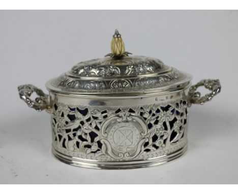 A very unusual oval pierced and chased silver Tureen &amp; Cover, William IV period Birmingham 1836 / 37 with two leaf cast h