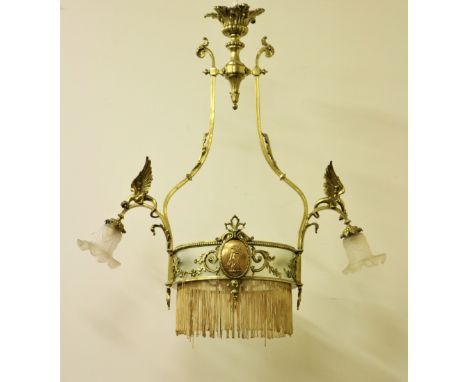 A fine quality Regency style brass Hall Light with Ceiling Rose, shaped uprights surmounted with winged dragons and moulded g