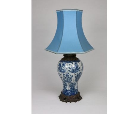 A large Chinese blue and white Crackle Ware Vase Table Lamp, of baluster form with brass mounts and blue shade, 33" (84cms) o