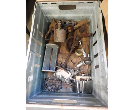 Plastic Crate and Contents - Blow Lamp, Hip Flask etc 