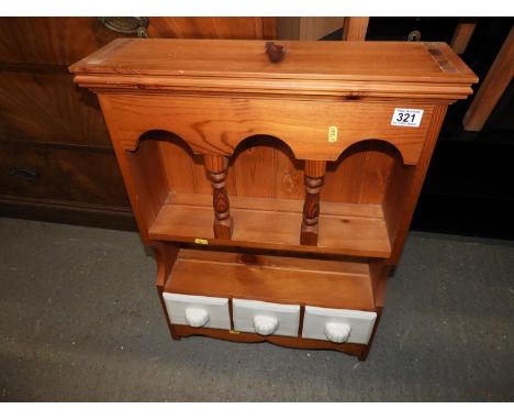 Pine Wall Rack with Three Spice Drawers 